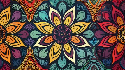 Colorful hand drawn ornamental pattern with geometric textures and tribal floral motifs in a repetitive design pattern