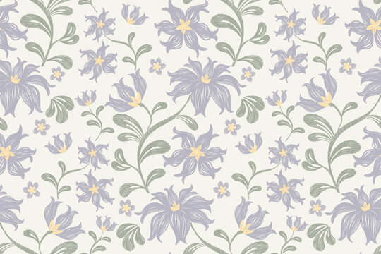 Tapestry floral pattern vintage ethnic modern embroidery texture boho design vector illustration hand drawn flower motif branches leaves wallpaper seamless background border.