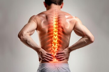Man suffering from severe lower back pain showing glowing spine medical concept for lumbar strain muscle inflammation sciatica chiropractic therapy injury posture correction relief wellness

