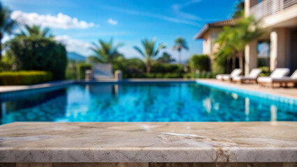 Fototapeta premium Empty marble table in front with blurred background of swimming pool