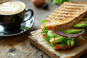 Delicious Avocado Sandwich and Cappuccino with Latte Art in Modern Cafe Setting