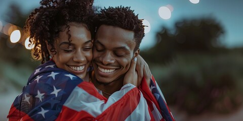 Happy couple wrapped in American flag and hugging, Independence Day 4 July