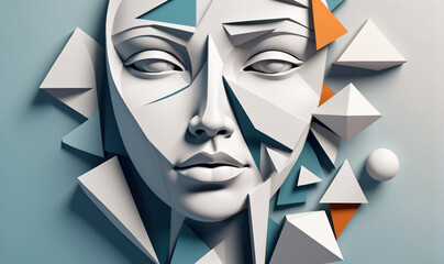 Geometric composition of human face and abstract shapes different colors. Illustration for cover, card, postcard, interior design, banner, poster, brochure or presentation