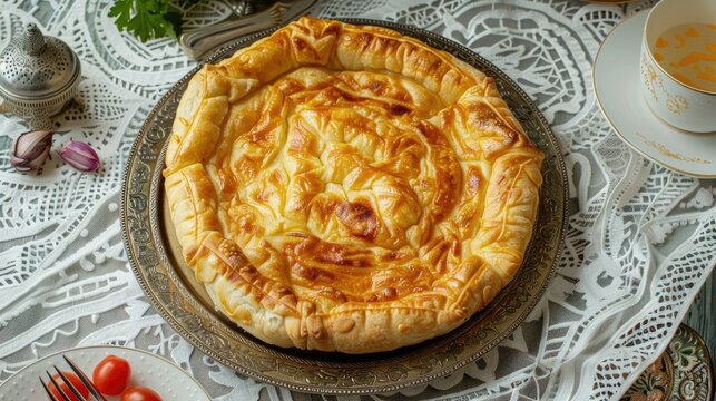 Traditional fried Turkish pisi halka on table with lace tablecloth top view