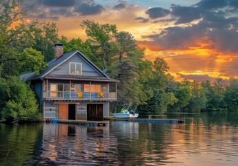 Fototapeta premium lake house with dock and boat garage on shore, trees in background, sunset sky, summer time Generative AI