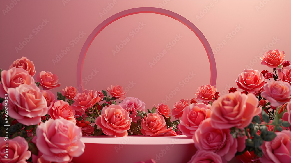 Wall mural podium surrounded by roses with empty frame