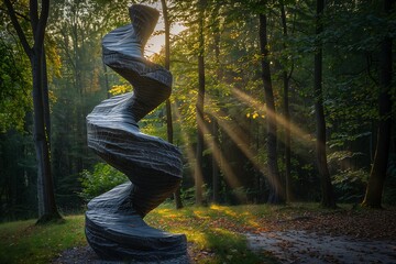 Abstract twisted sculpture in forest with sunlight rays through trees serene nature scene artistic...
