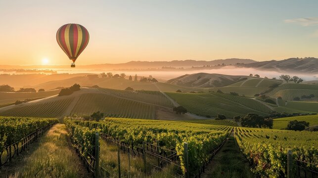 Hot Air Balloon Soaring Over Rolling Vineyards at Sunrise