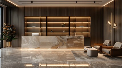 Fusion Romanesque corporate lounge with luxurious seating and stone details