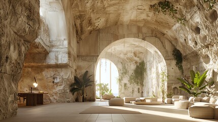 Fototapeta premium Fusion Romanesque meeting room with stone details and modern decor