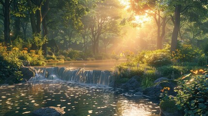 Fototapeta premium Sunlit forest stream flowing gently amidst lush greenery, with rays of light filtering through the trees creating a serene and peaceful ambiance.