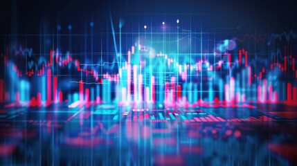 Abstract financial data visualization featuring blue and red bars, dynamic graphs, and digital patterns. The image represents market trends and data analysis in a modern, tech-inspired style