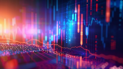 Vibrant digital financial data visualization featuring colorful graphs, dots, and lines. The image showcases dynamic market trends and analysis with a mix of red, blue, and orange hues