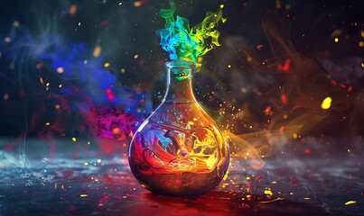 A magical flask with vibrant colors swirling inside, depicting a captivating chemical reaction