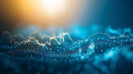 Abstract digital visualization of financial data with blue and orange lights. The image features dynamic graphs, dotted lines, and glowing effects representing market trends and analysis