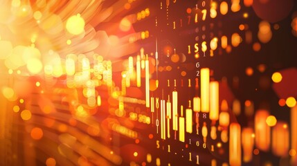 Abstract financial data visualization with glowing orange and yellow lights. Features dynamic graphs, numbers, and bokeh effects, representing market trends and analysis