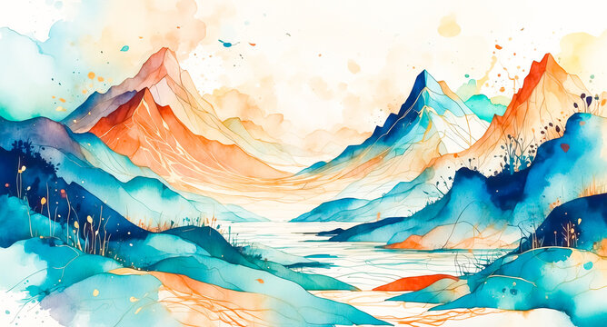Abstract Watercolor Landscape with Mountains and River