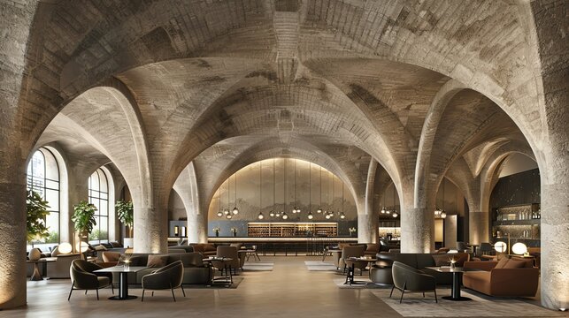 Gothic corporate interior design with towering arches and dark mahogany furniture