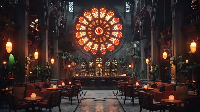 Gothic corporate lobby with intricate stained glass windows and wrought iron accents