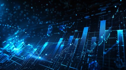 Abstract futuristic data visualization in blue featuring bar and line graphs. The image represents digital data analysis, trends, and patterns with a modern, tech-inspired design