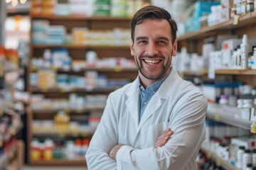 smiling male pharmacist against the background of shelves with medicines in a pharmacy, pharmaceutical business