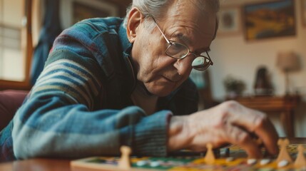 Senior Citizens Day. Elderly man concentrating on a chess game indoors. World Mental Health Day