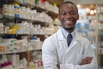 smiling african american male pharmacist against the background of shelves with medicines in a pharmacy, pharmaceutical business