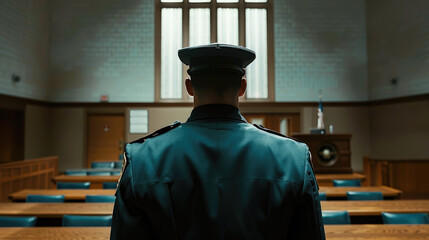 A uniformed officer stands facing the front of an empty courtroom, with rows of chairs and large windows behind a judge's bench under soft light.