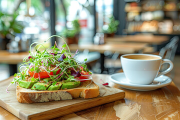 Delicious Avocado Toast with Micro Greens and Vegetables, Perfect for Breakfast or Lunch at a Cafe