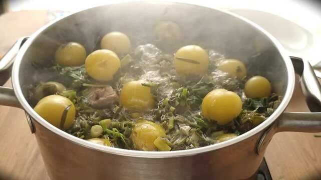 cooking of chakapuli, Georgian dish, cooking process, in a saucepan, homemade, no people,