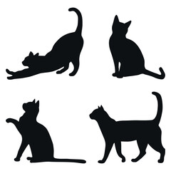 Collection of vector cats, black drawing of cats, sitting, walking, playing, stretching cats, cat clipart, cat shadow