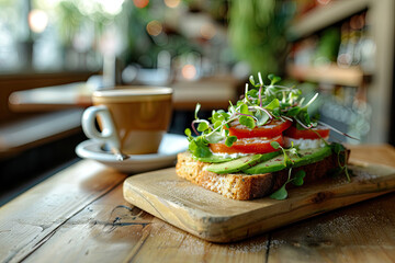 Delicious Avocado Toast with Micro Greens and Veggies on Wooden Table Next to Cappuccino Cup - Close Up Stock Photo