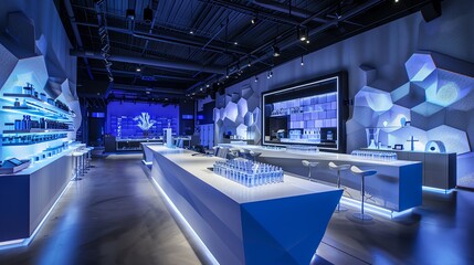 Innovation lab with fragmented surfaces, bold graphics, and hightech equipment