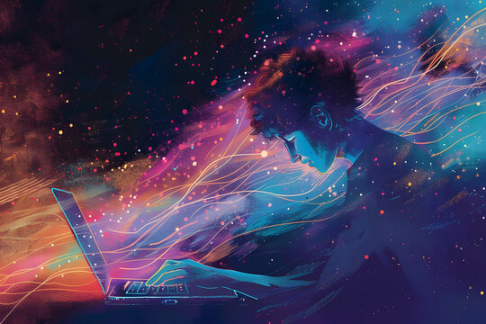 Illustration of a person typing on a laptop with lines of code appearing in the air, focused developer coder working on computer, professional programmer