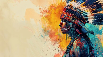 Native American Woman in Traditional Headdress Artwork. Indigenous Peoples Day