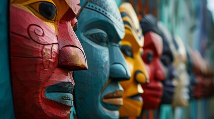 Colorful wooden masks arranged in a row, side view. Indigenous Peoples Day
