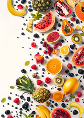 Many fresh tropical fruits falling on light background