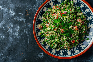 Quinoa Tabbouli Salad on Colorful Plate, Top View, Isolated on Dark Background - Stock Photo