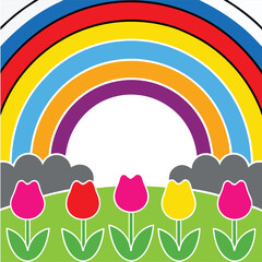 Rainbow arching over a meadow filled with tulips