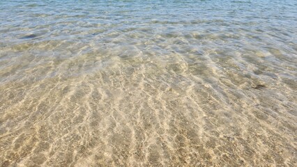 Background of transparent sea water surface ripple with sun reflection in summer on the beach. Water background. Ocean water texture.