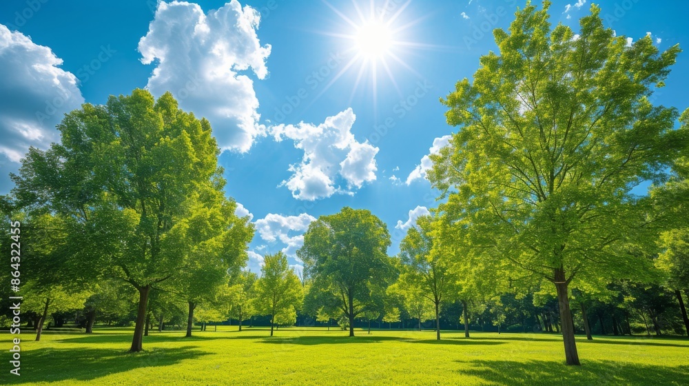 Sticker Trees in a park on a sunny day, highlighting the lush foliage and bright blue sky