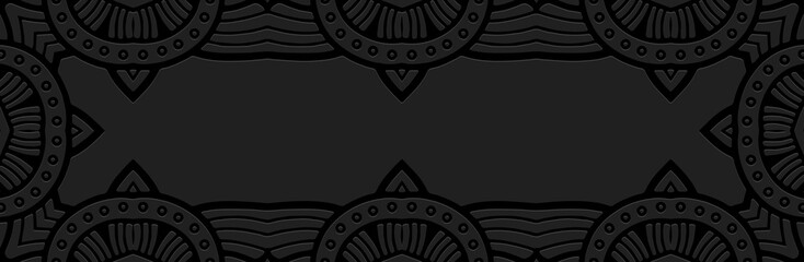 Banner, exotic cover design. Relief geometric ethnic 3D pattern on a black lorem background made of lines. Ornaments, handmade. Art Deco, traditions of the East, Asia, India, Mexico, Aztec, Peru.