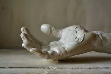 White ceramic sculpture of an arm and hand on a beige background.
