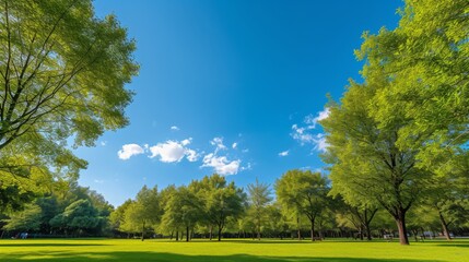 Obraz premium Trees in a park on a sunny day, highlighting the lush foliage and bright blue sky