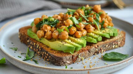 Roasted Chickpea Avocado Toast. Avocado toast with chickpeas and cherry tomatoes on a grey plate