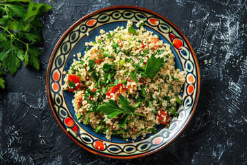 Delicious Tabbouli Salad with Quinoa and Coriander on Colorful Plate - Top View