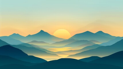 Fototapeta premium Digital illustration of a mountain landscape at sunrise with misty valleys.