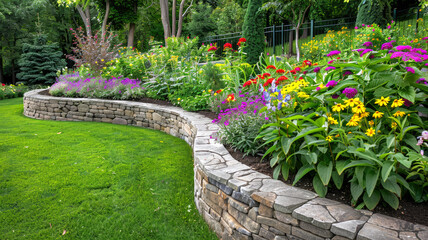 Obraz premium Beautiful design of home garden with terraces, landscaped backyard or yard, stone retaining walls in summer. Concept of landscaping, plant, greenery, flower