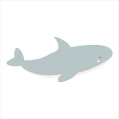 Funny childish and cute swimming shark character, hand drawn vector illustration.  Water animal