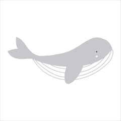 Funny childish and cute swimming whale character, hand drawn vector illustration.  Water animal